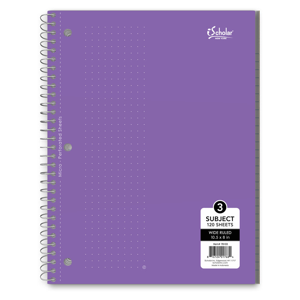 3 Subject Wirebound Notebook Wide Ruled 10.5 x 8in 120 Sheets 78103