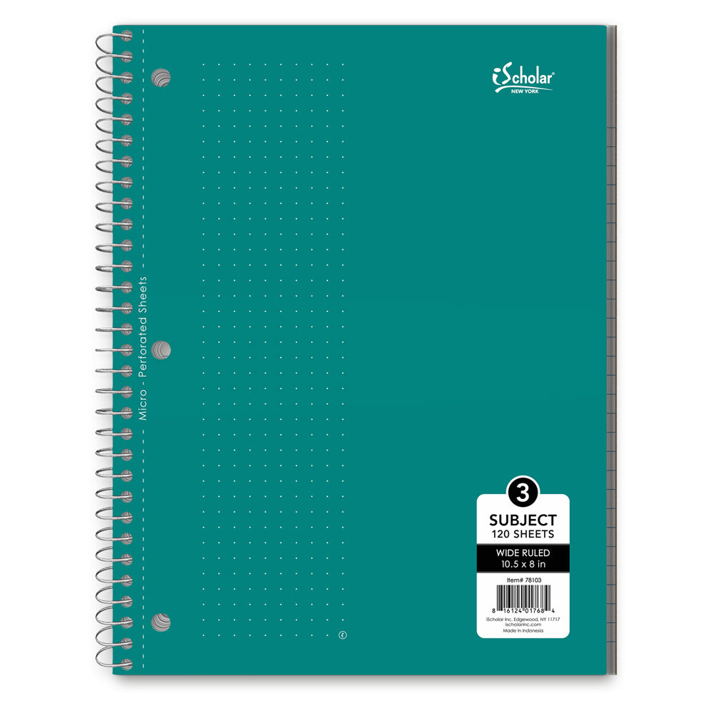 3 Subject Wirebound Notebook Wide Ruled 10.5 x 8in 120 Sheets 78103