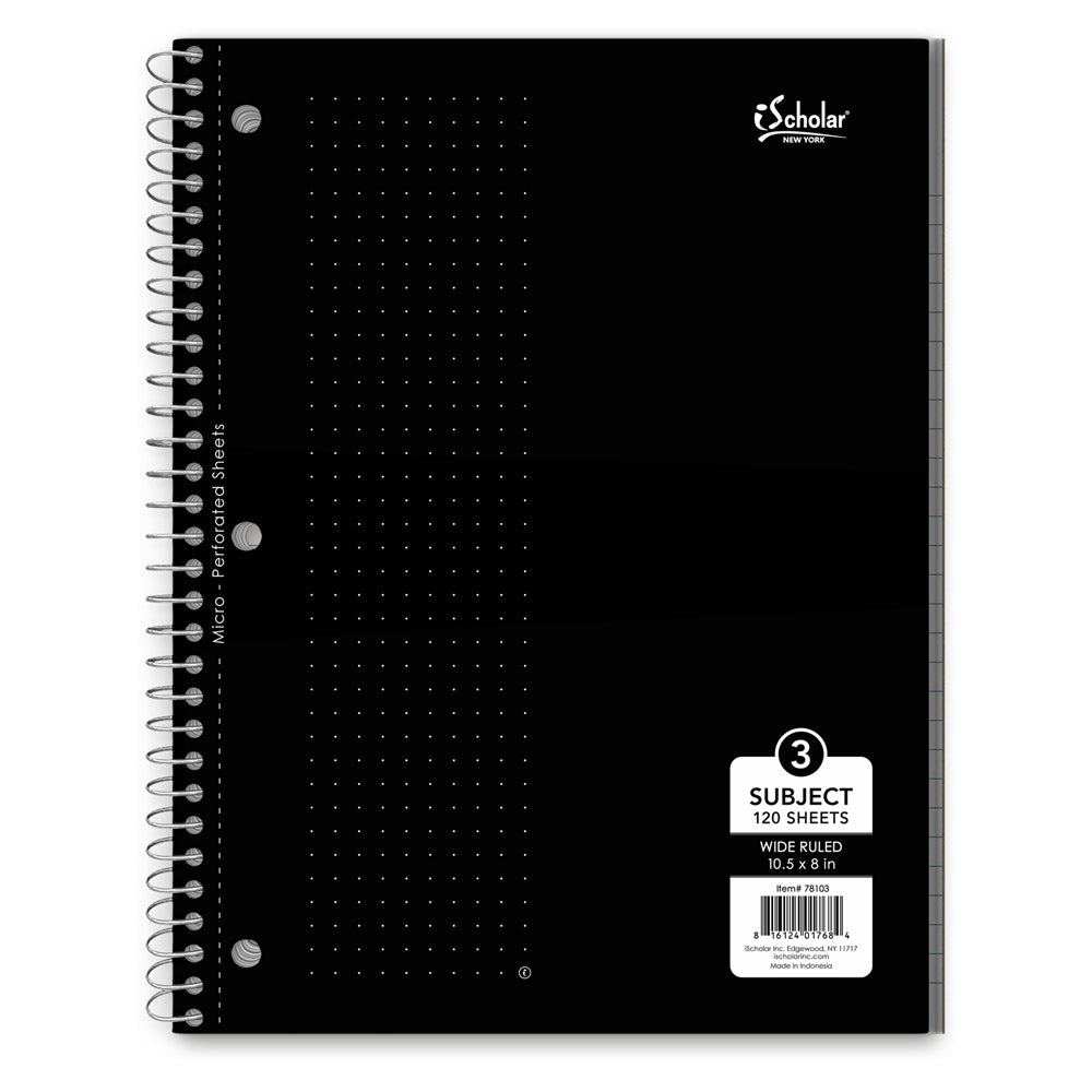 3 Subject Wirebound Notebook Wide Ruled 10.5 x 8in 120 Sheets 78103