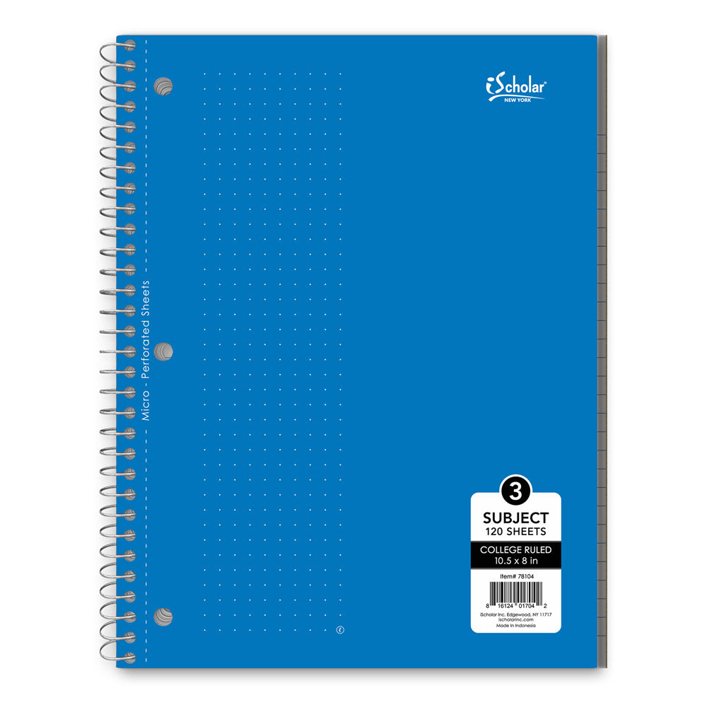 3 Subject Wirebound Notebook College Ruled 10.5 x 8in 120 Sheets 78104