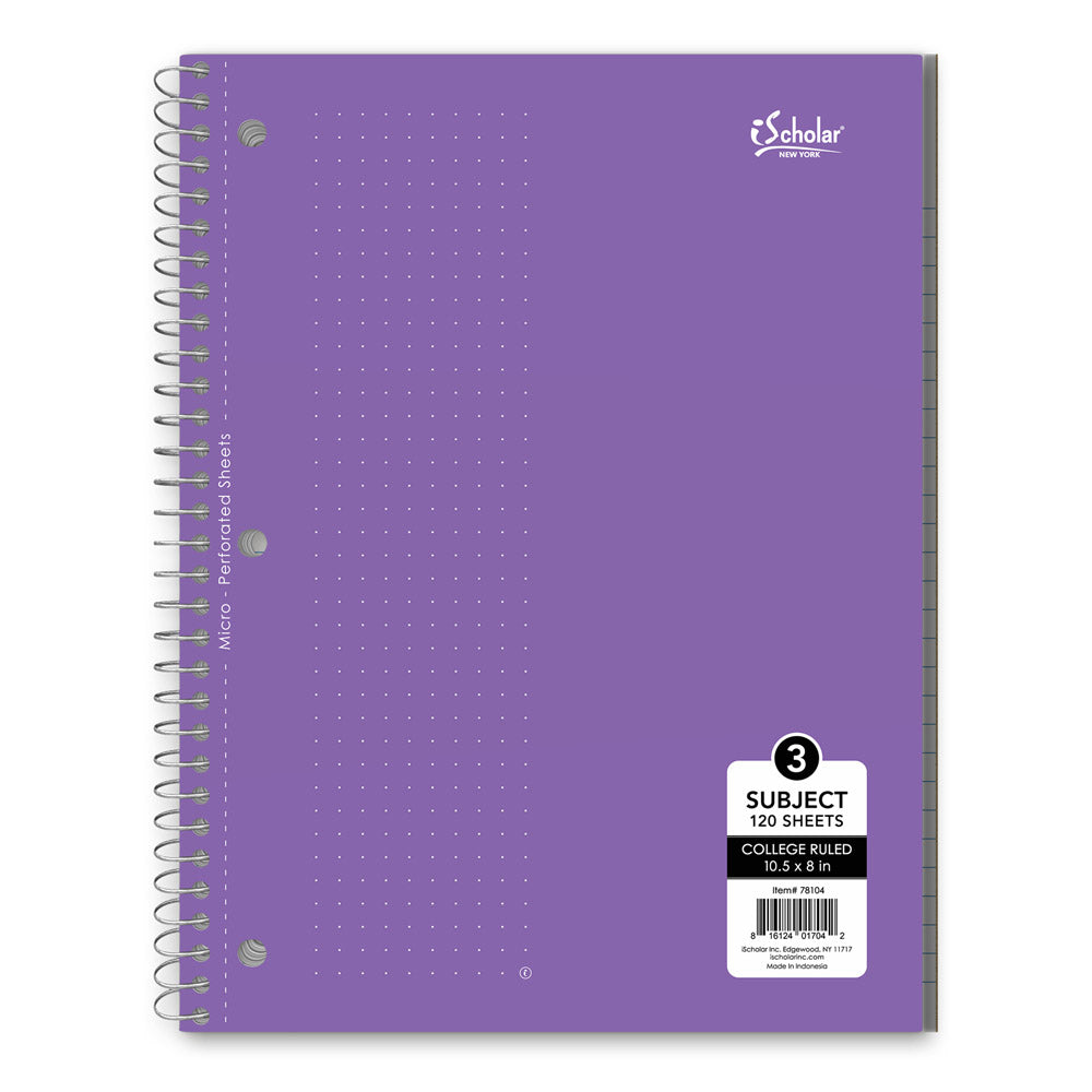 3 Subject Wirebound Notebook College Ruled 10.5 x 8in 120 Sheets 78104