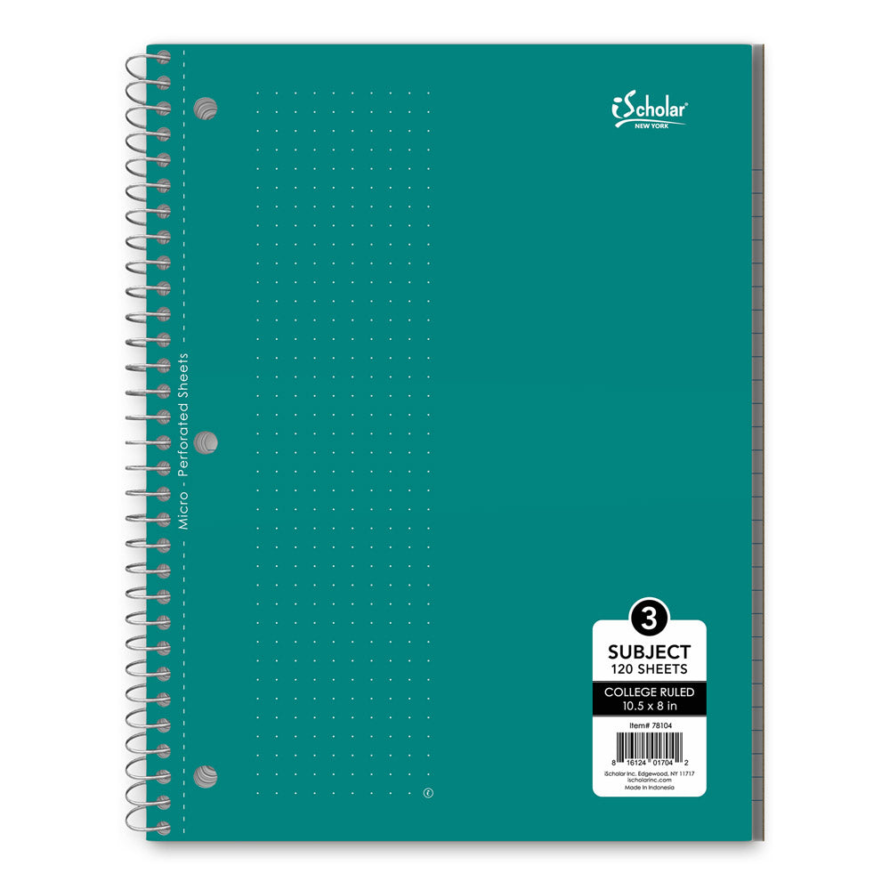 3 Subject Wirebound Notebook College Ruled 10.5 x 8in 120 Sheets 78104