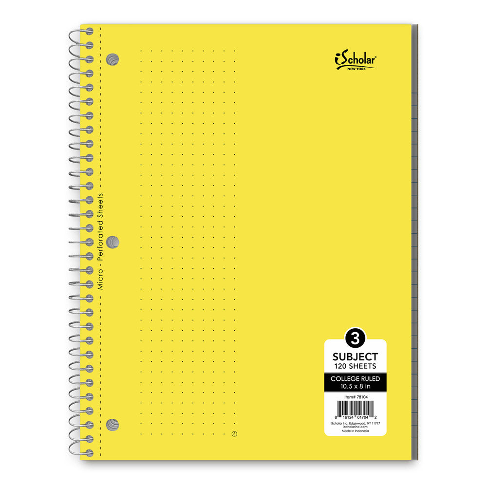 3 Subject Wirebound Notebook College Ruled 10.5 x 8in 120 Sheets 78104