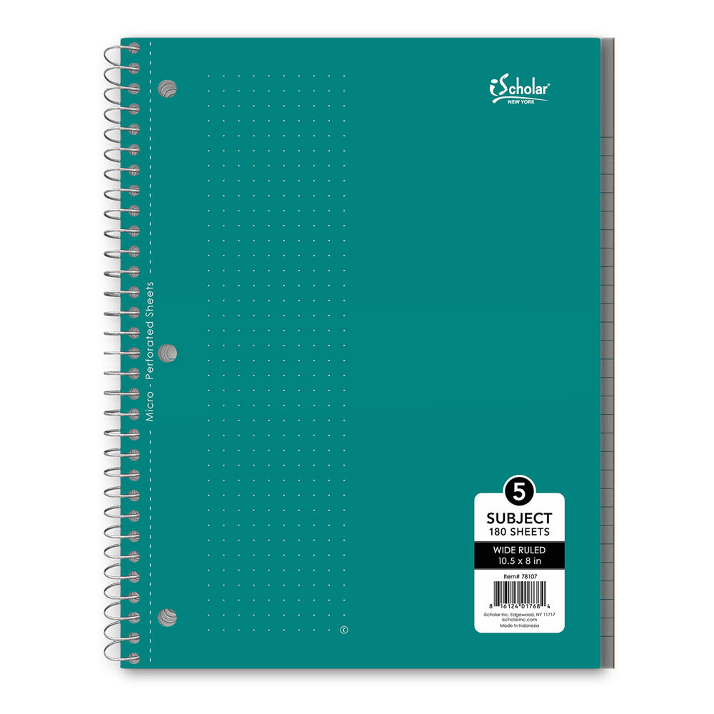5 Subject Wirebound Notebook Wide Ruled 10.5 x 8in 180 Sheets 78107