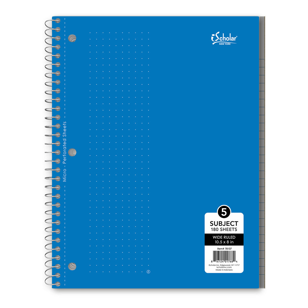 5 Subject Wirebound Notebook Wide Ruled 10.5 x 8in 180 Sheets 78107