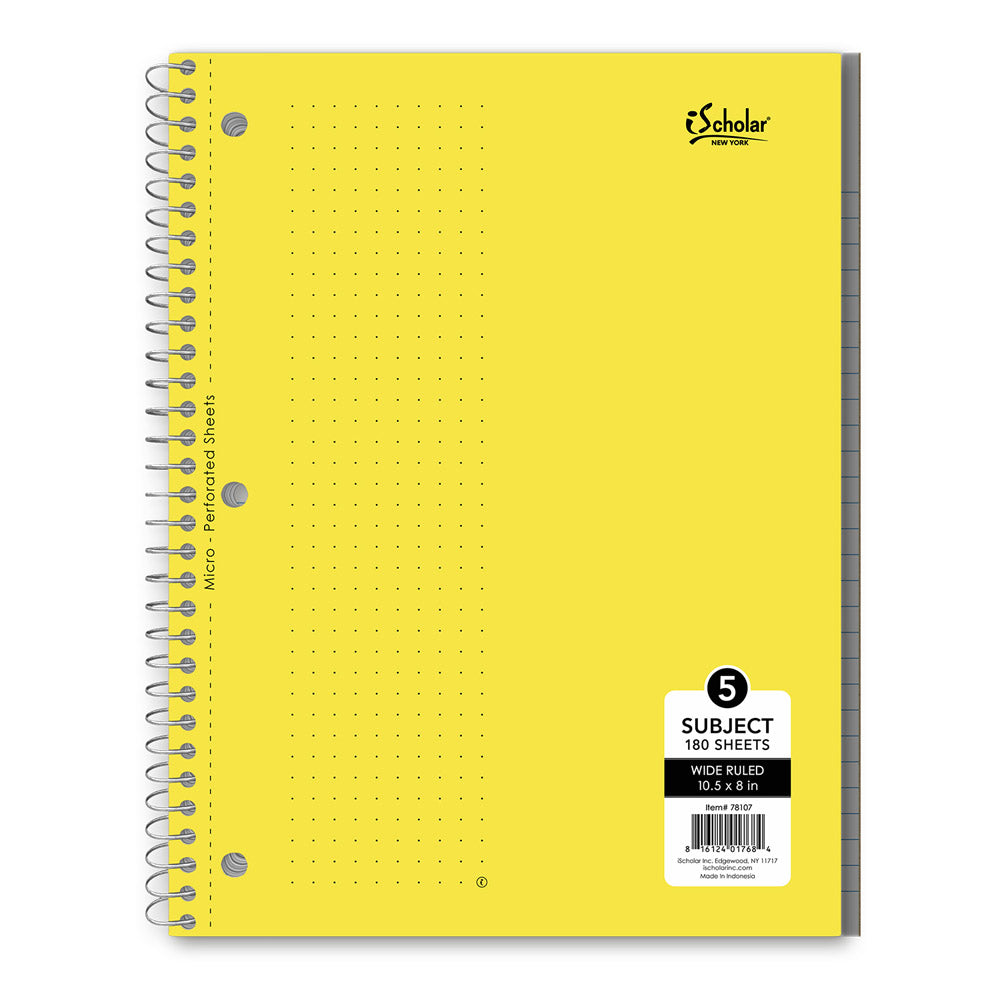 5 Subject Wirebound Notebook Wide Ruled 10.5 x 8in 180 Sheets 78107