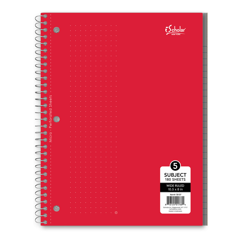 5 Subject Wirebound Notebook Wide Ruled 10.5 x 8in 180 Sheets 78107
