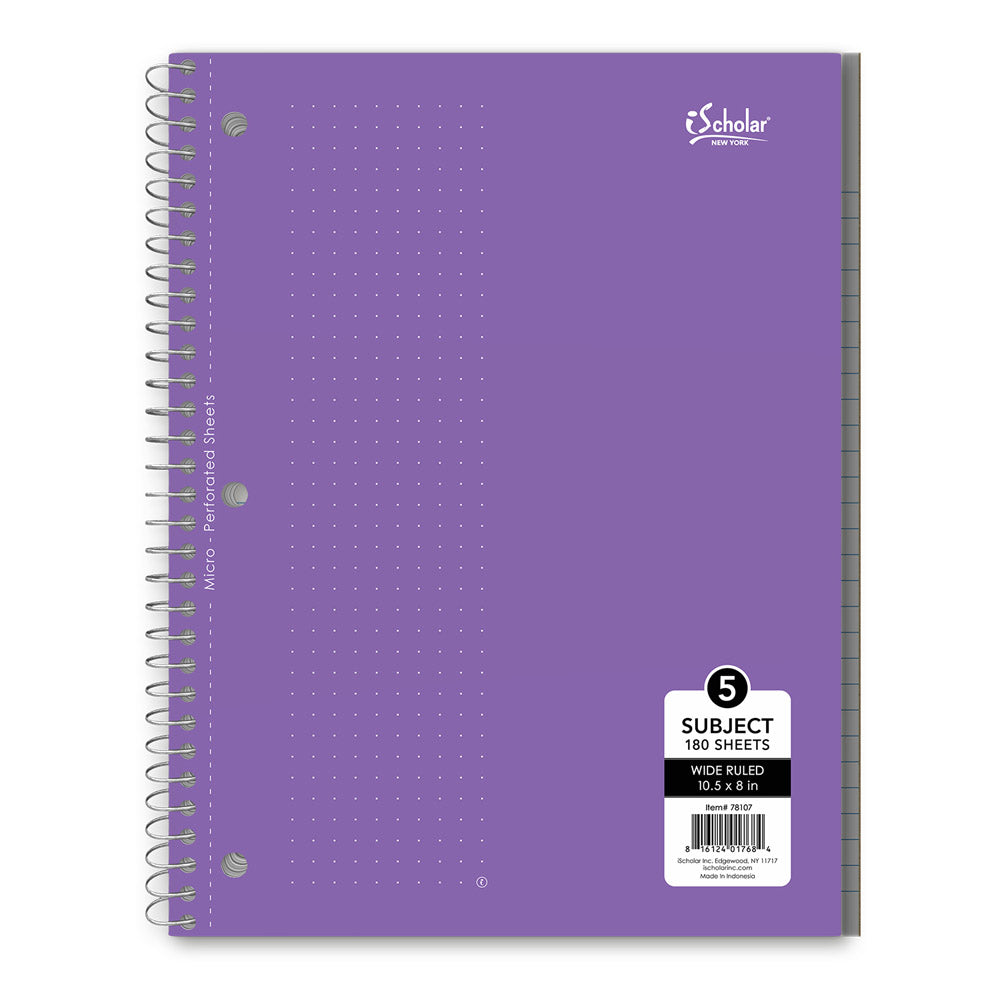 5 Subject Wirebound Notebook Wide Ruled 10.5 x 8in 180 Sheets 78107