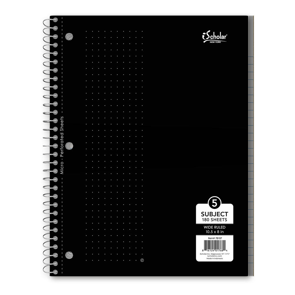 5 Subject Wirebound Notebook Wide Ruled 10.5 x 8in 180 Sheets 78107