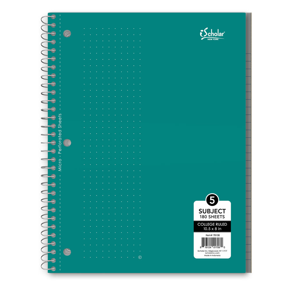 5 Subject Wirebound Notebook College Ruled 10.5 x 8in 180 Sheets 78108