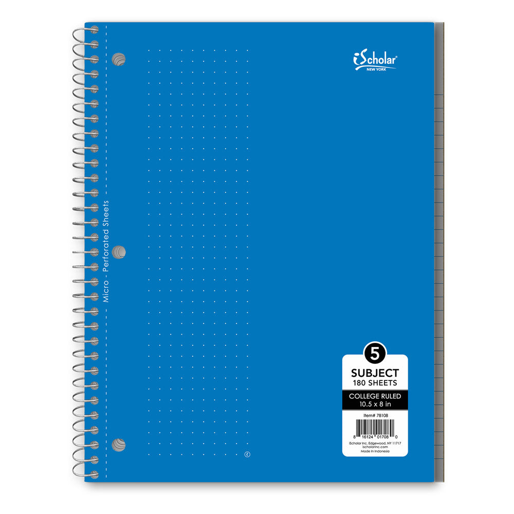 5 Subject Wirebound Notebook College Ruled 10.5 x 8in 180 Sheets 78108