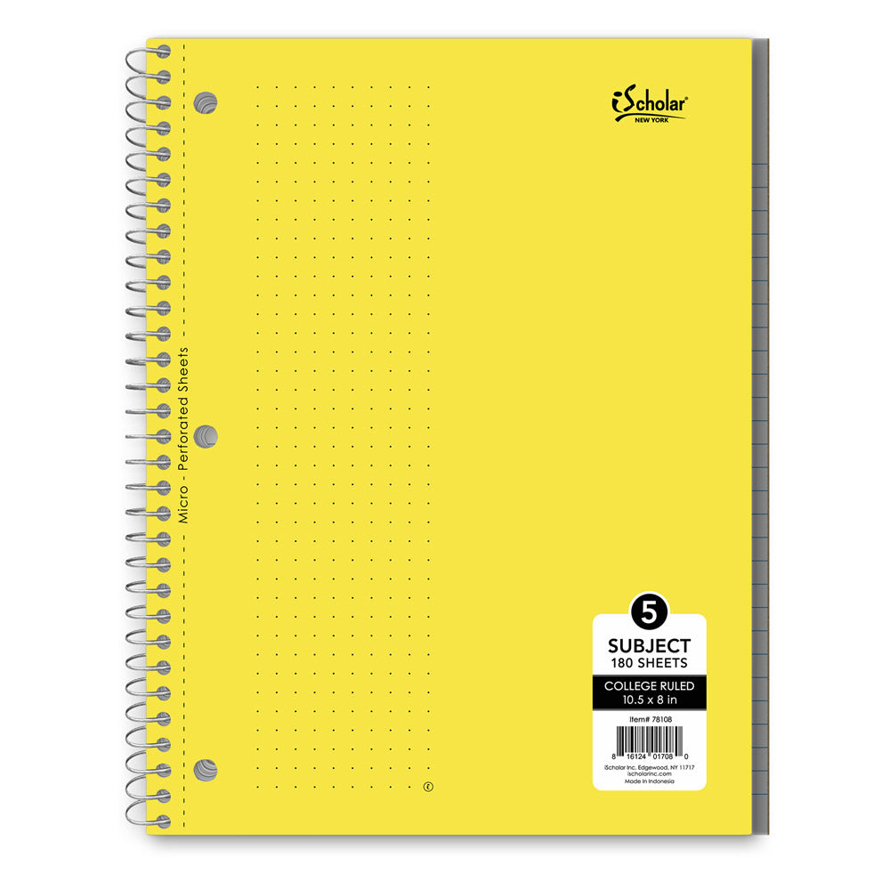 5 Subject Wirebound Notebook College Ruled 10.5 x 8in 180 Sheets 78108