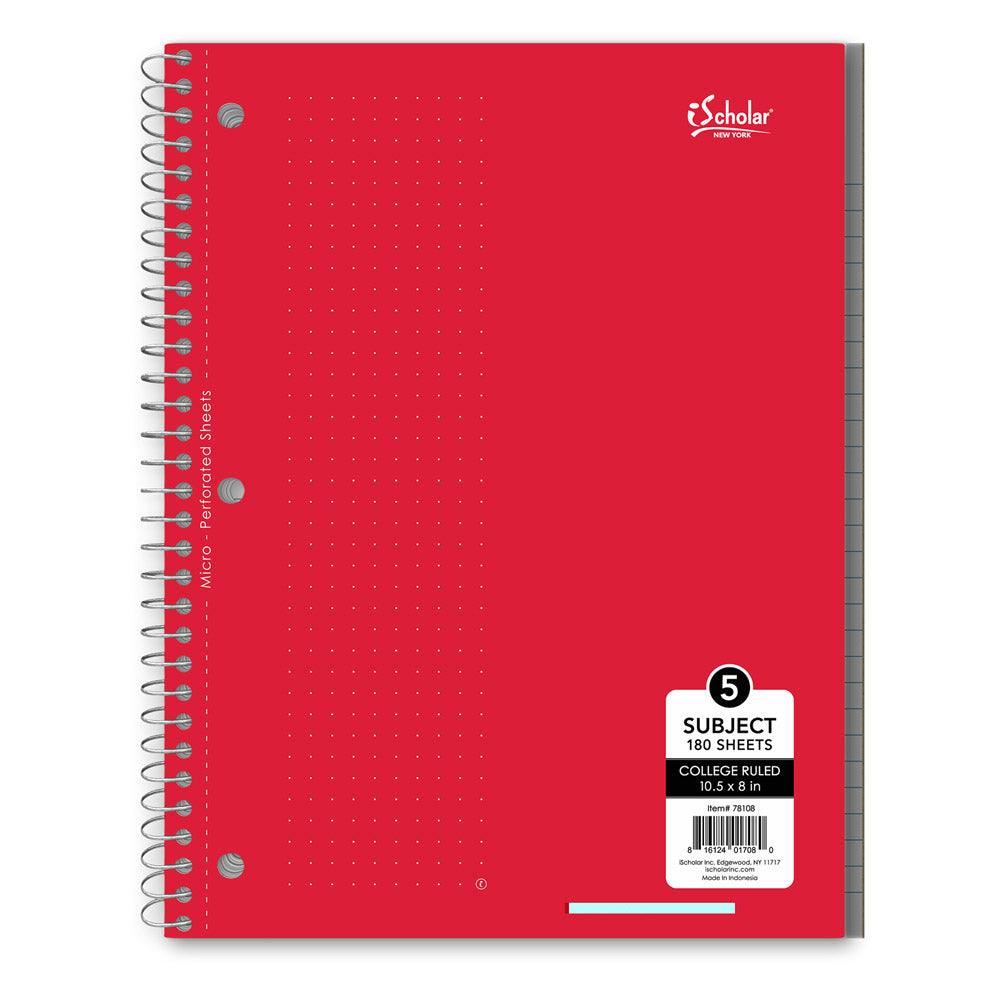 5 Subject Wirebound Notebook College Ruled 10.5 x 8in 180 Sheets 78108