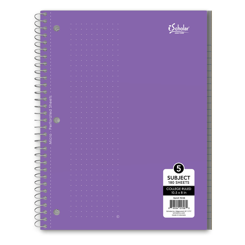 5 Subject Wirebound Notebook College Ruled 10.5 x 8in 180 Sheets 78108