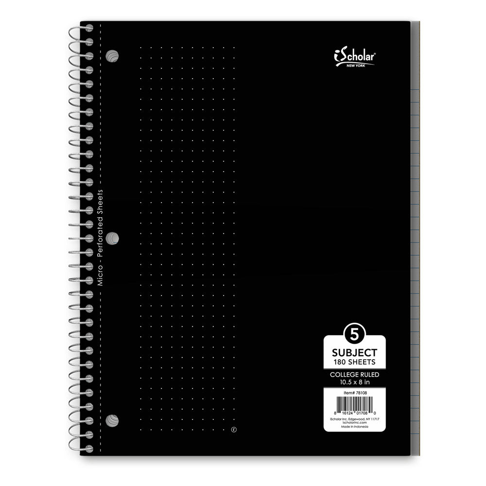 5 Subject Wirebound Notebook College Ruled 10.5 x 8in 180 Sheets 78108
