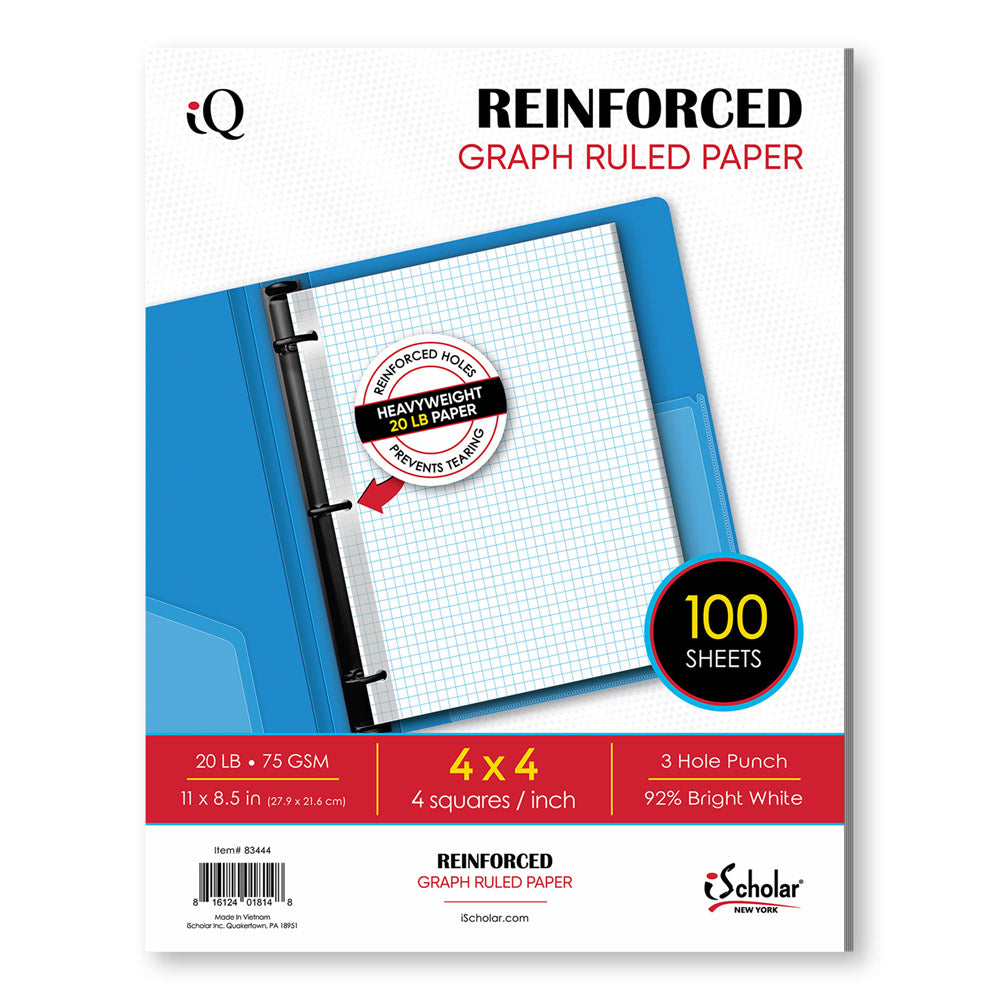 iQ Reinforced Filler Paper 4 x 4 Graph Ruled 11 x 8.5in 100 Sheets 83444