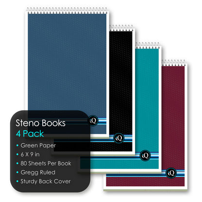 4 Pack iQ Spiral Steno Books Green 6 x 9in 320 Sheets 91084