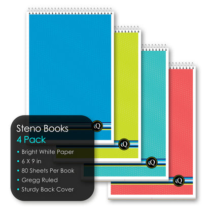 4 Pack iQ Spiral Steno Books White 6 x 9in 320 Sheets 91884