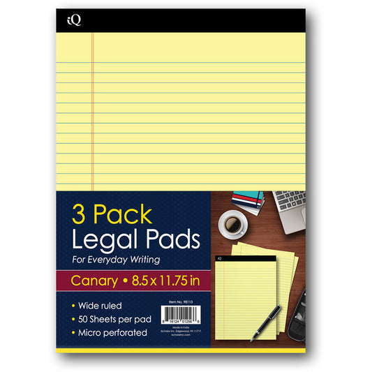 3 Pack iQ Legal Pad Canary 8.5 x 11.75in 150 Sheets 98113