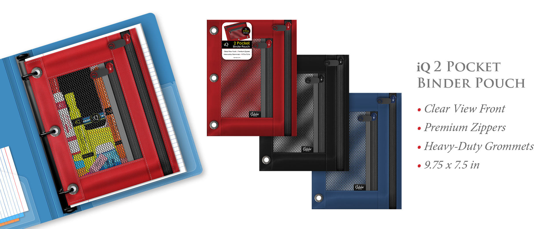 iq2 pocket binder pouches in red, black, and blue with clear view front and heavy-duty grommets.