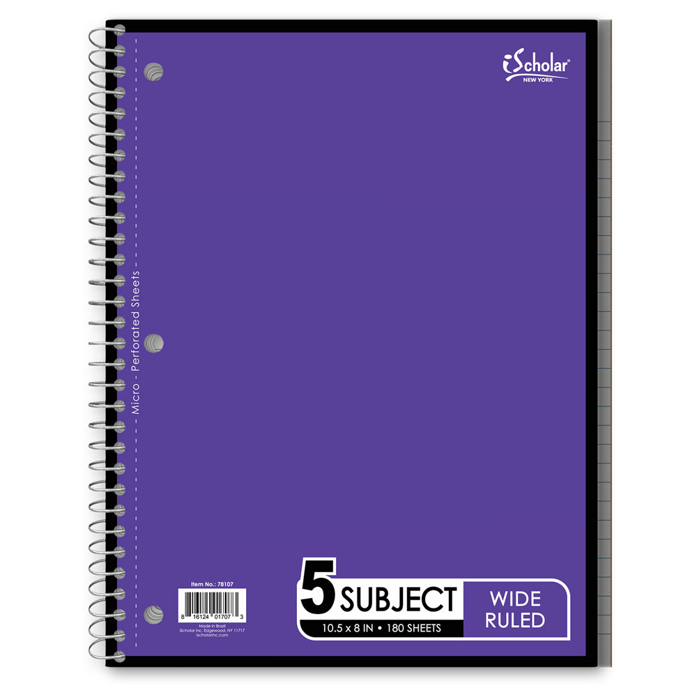 5 Subject Wirebound Notebook 10.5″ x 8″ Wide Ruled 78107 – iScholar NY